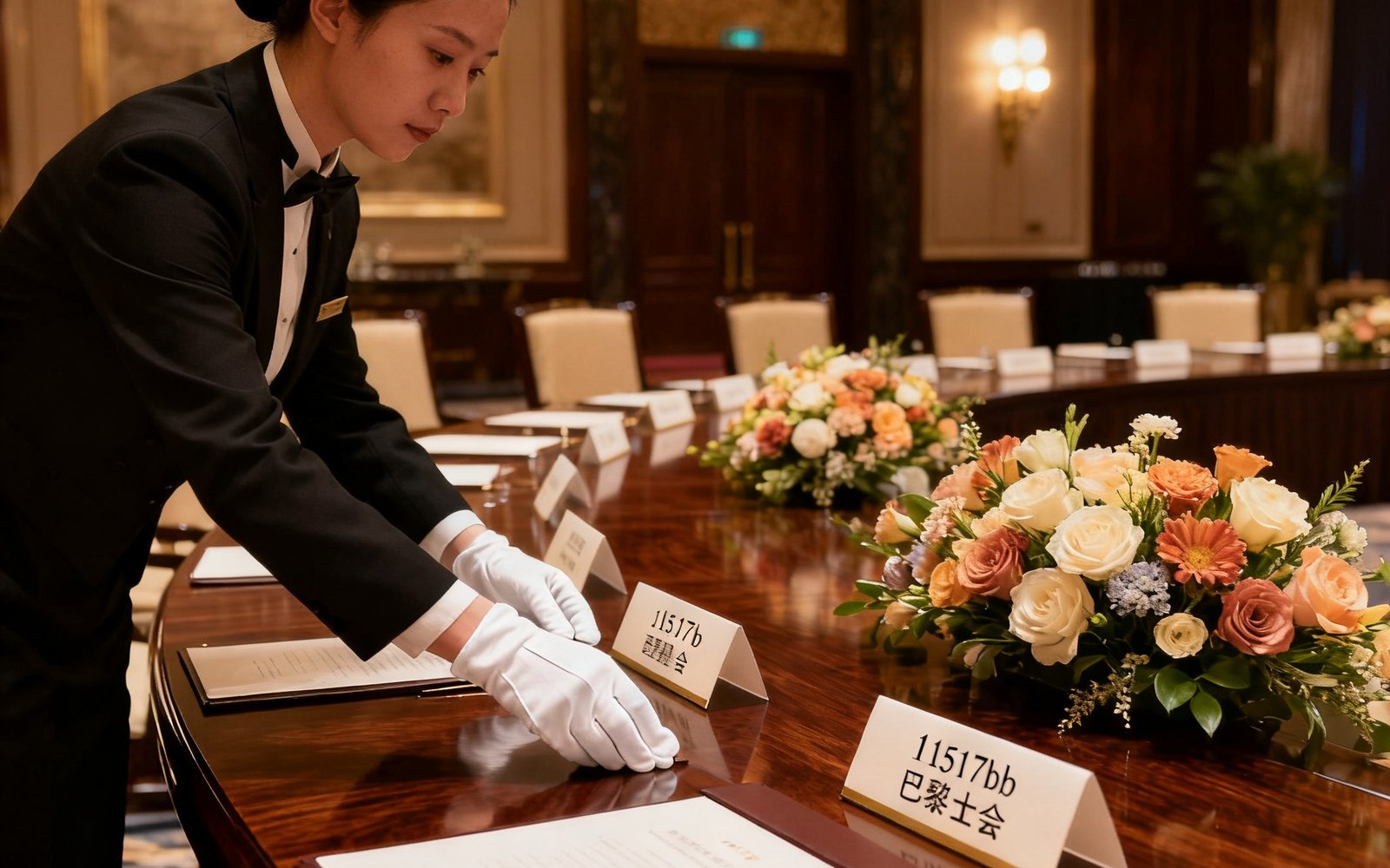 一间典雅奢华的峰会贵宾厅内，深色胡桃木长桌上摆放着精致的鲜花装饰与每位贵宾的定制名牌，11517bb巴黎人贵宾会的工作人员身着白手套正在进行开场前的最后细节检查，柔和的灯光映照出专业与严谨