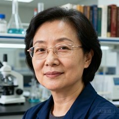 一位四十岁左右的中国女性材料科学家肖像，戴着一副细框眼镜，穿着简约的深蓝色外套，背景为实验室环境，气质知性优雅