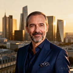 一位四十五岁左右的法国金融界高管肖像，留着短须，穿着深蓝色高定西装搭配口袋巾，背景为巴黎拉德芳斯商务区天际线，神态自信从容